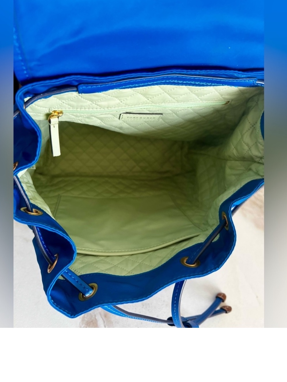 Tory Burch Perry Blue Nylon Backpack Leather Trim Gold Hardware NWOT - Picture 14 of 16
